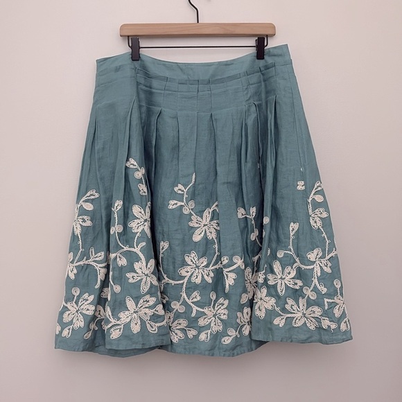 Talbots Floral Embroidered Pleated Skirt 100% Linen Teal Lined Cottagecore Sz 14 - Picture 10 of 13